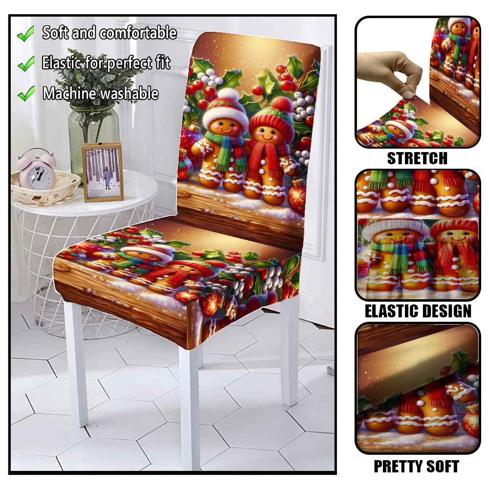 Wooden Board Cute Gingerbread Man Holly Berry Bauble Dining Chair Slipcover Stretch Xmas Holiday Chair Cover