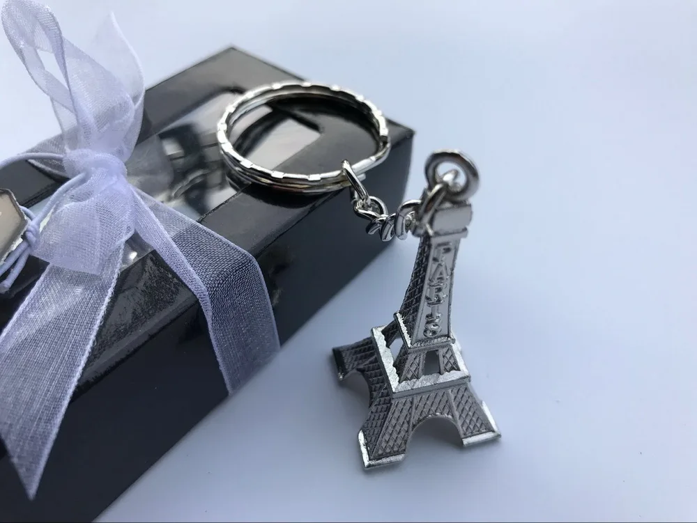 Silver Eiffel Tower Key Chain in Gift Box, Paris Themed, Wedding Anniversary Party, Souvenir Gifts, 12Pcs