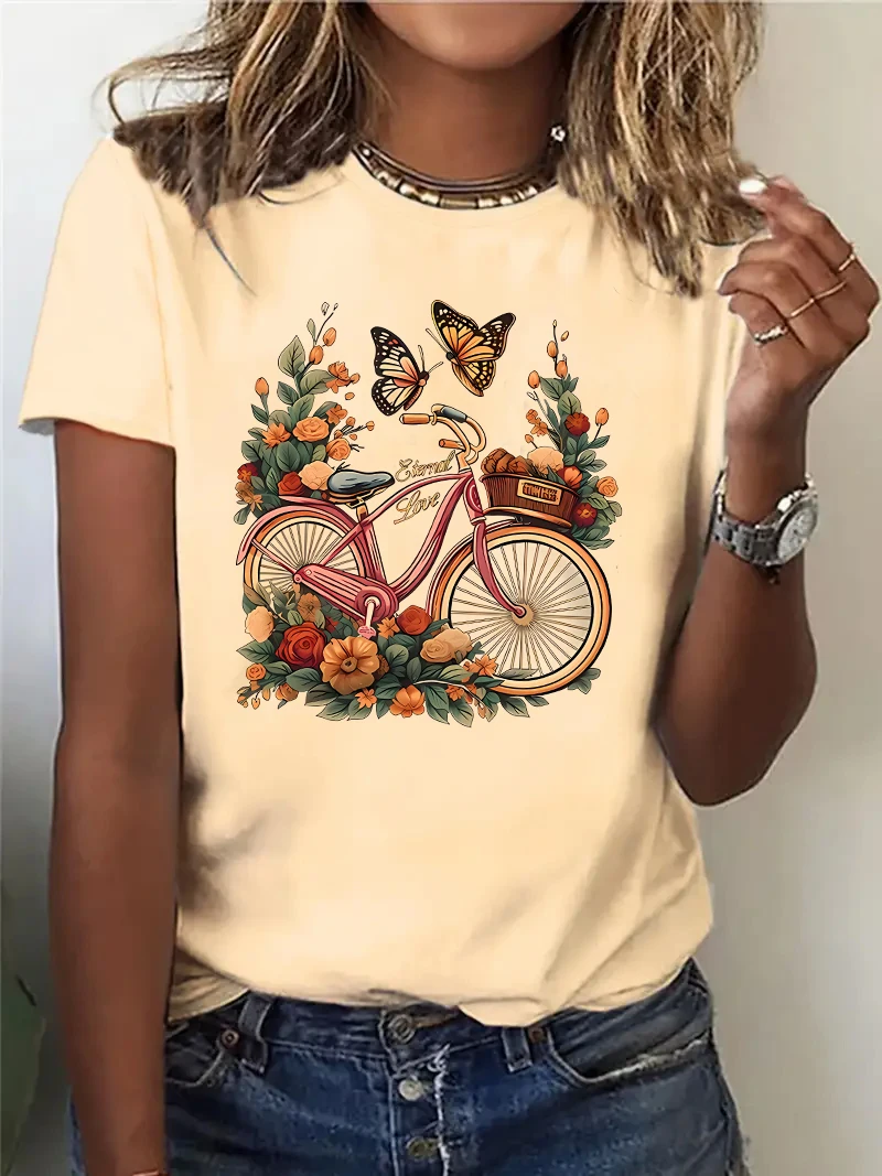 Women's Floral Butterfly Bicycle T-Shirt Graphic Print  Design Round Neck Tee Spring Summer T Shirt