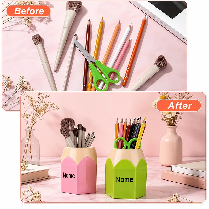 1Pcs Personalized Pencil Shaped Pen Holder Custom Name Plastic Hexagonal Desk Organizer for School Office Makeup Brush Storage