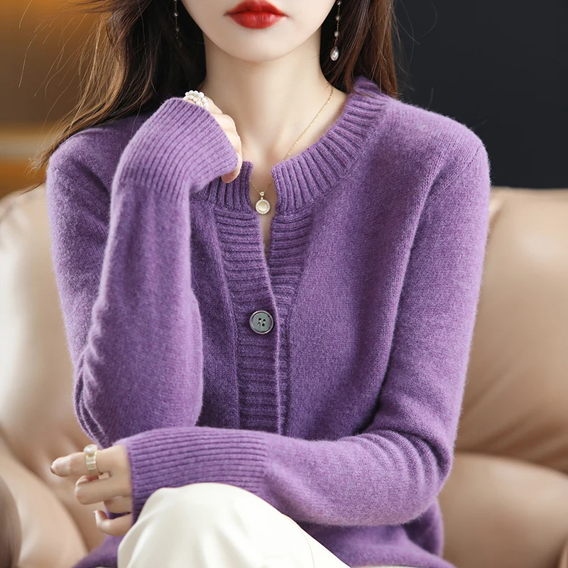 100% Wool Cashmere Cardigan Women\'s Autumn and Winter New Round Neck Sweater Loose Large Size Coat Korean Fashion Knitted Jacket