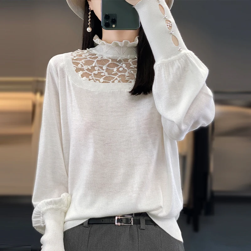 Women\'s Refined Wool Clothing 2023 Spring /Autumn New Product Knitted Pullover Top Fashion Korean Edition Mesh High collar Shirt