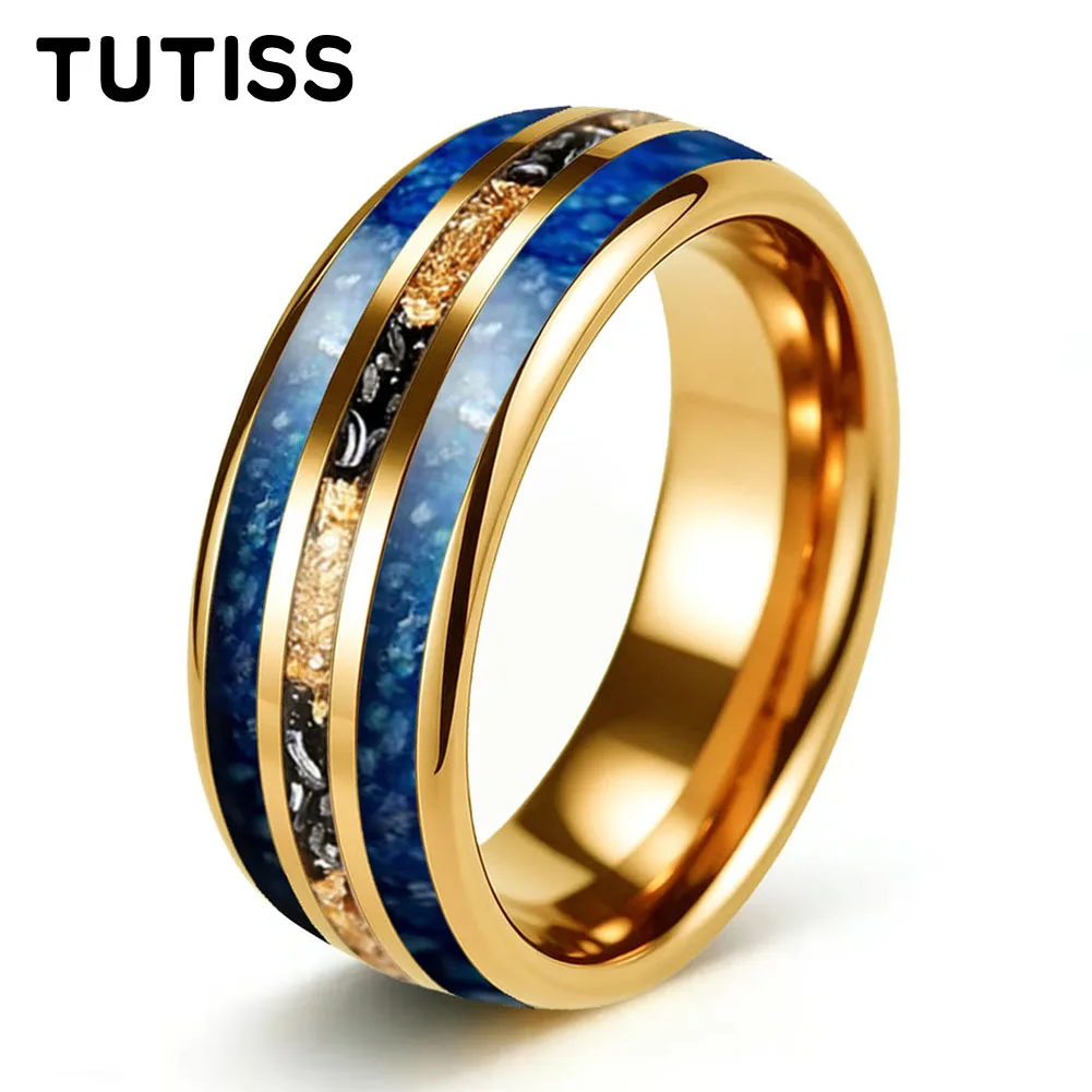 

TUTISS 6mm 8mm Dome Polishing Blue Glass Stone and Meteorite Gold Foil Inlay Tungsten Ring Men Women Engagement Wedding Band