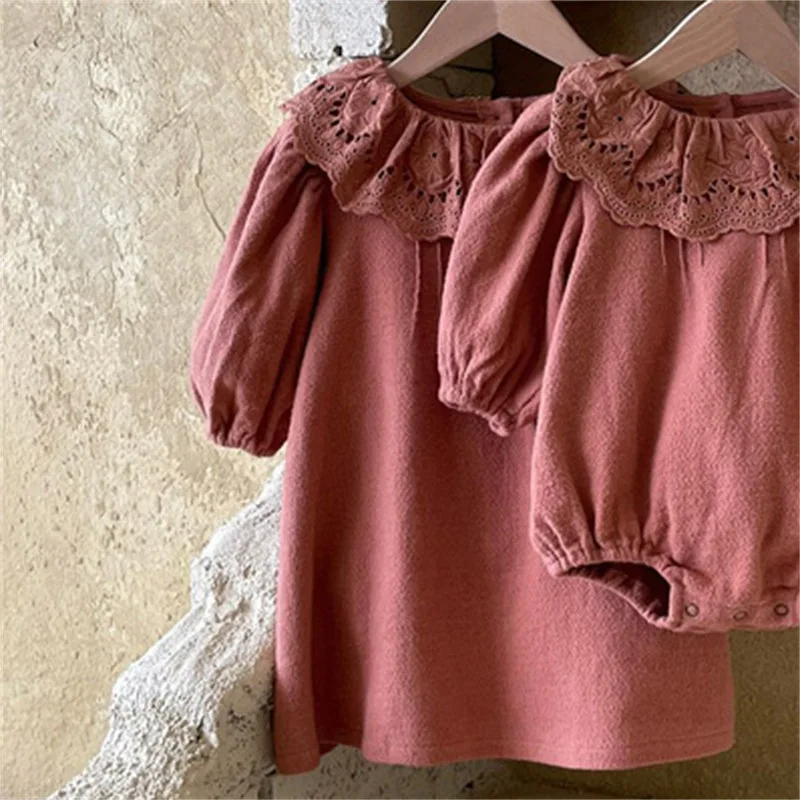 Sister Clothes 2022 New Ruffles Lace Collar Romper for Baby Girls Clothing Long Sleeve Kids Dress for Toddler Girls Costumes