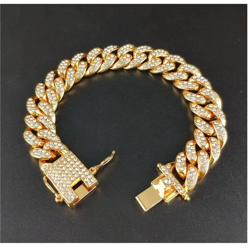 Full Crystal Stone Cuban Chain Hip Hop Bracelet For Men Silver Color Metal Link Chain Rhinestone Luck Closure Mens Bracelet