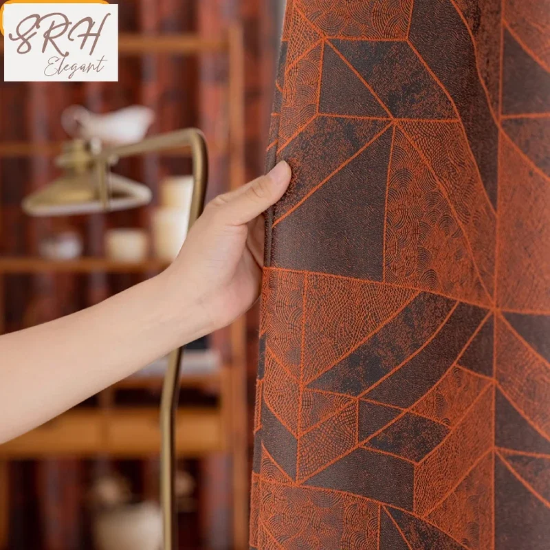 Vintage Rust Red Irregular Jacquard Thickened Blackout Sound Insulation Curtains For Living Room Bedroom French Window Balcony