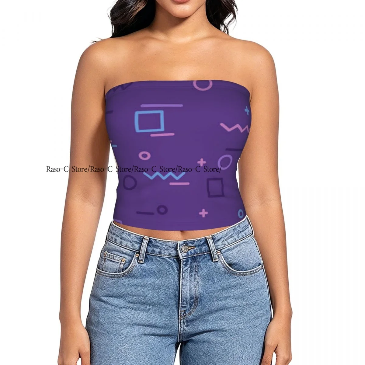 Women Block Crop Slim Tube Top Memphis 90s Retro Print Strapless Top For Summer Female Clothing