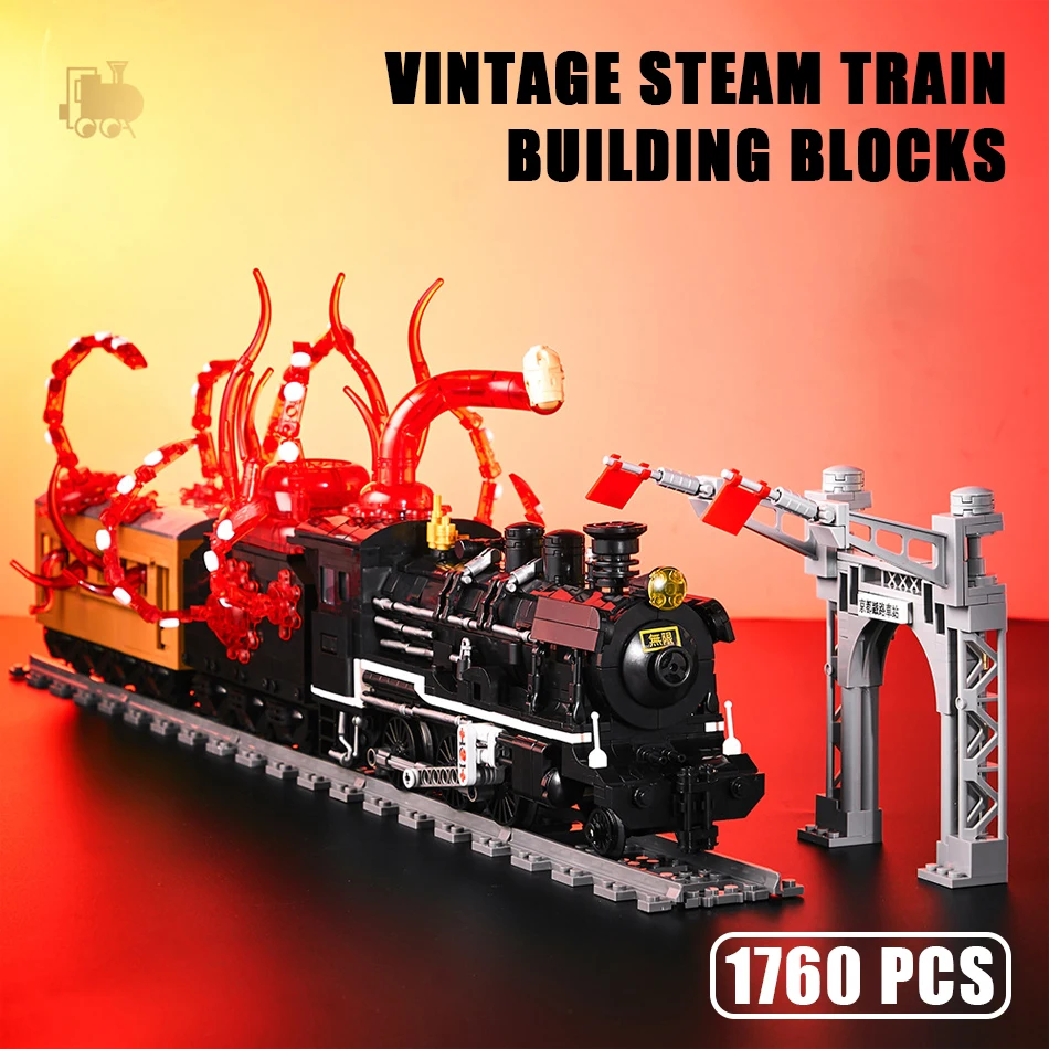 

City Vintage Steam Train Model Building Blocks with Monster Tentacles Kyoto Railway Station Scene DIY Bricks Toys for Kids Gifts