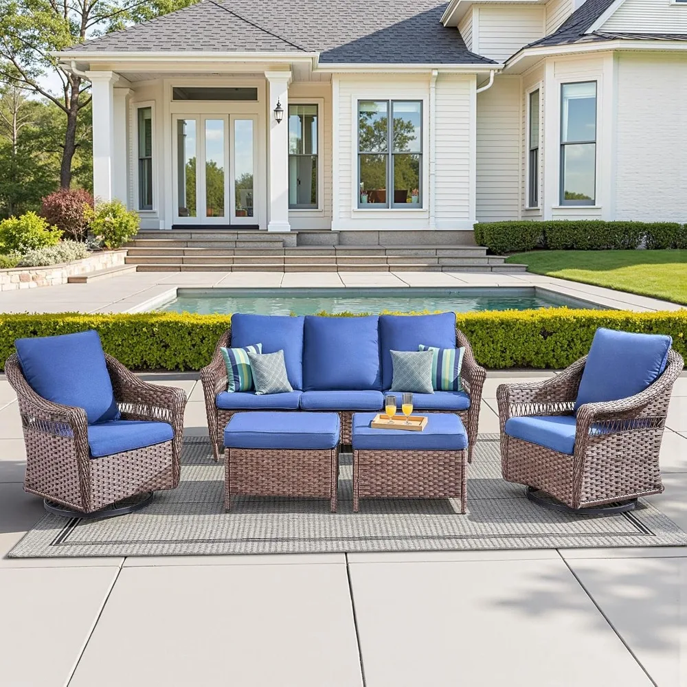 

5 Piece Outdoor Patio Furniture Set - Wicker Patio Conversation Set with Swivel Glider, Comfort 3-Seat Sofa, Tempered Glass Side