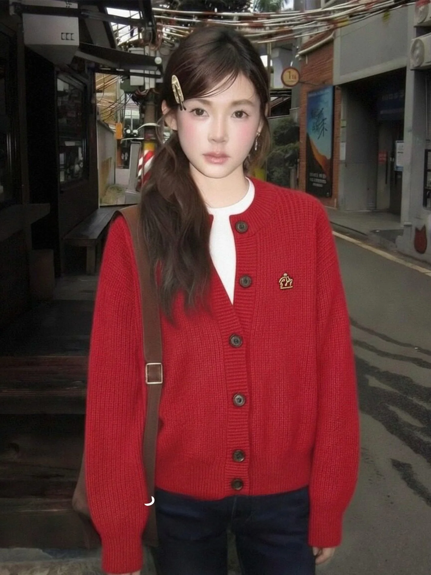 

New Year's Robe Sweater Jaet Women's Spring Long Sve Knitted Loose Slimming Aosphere Red Top Trendy round Ne Button up