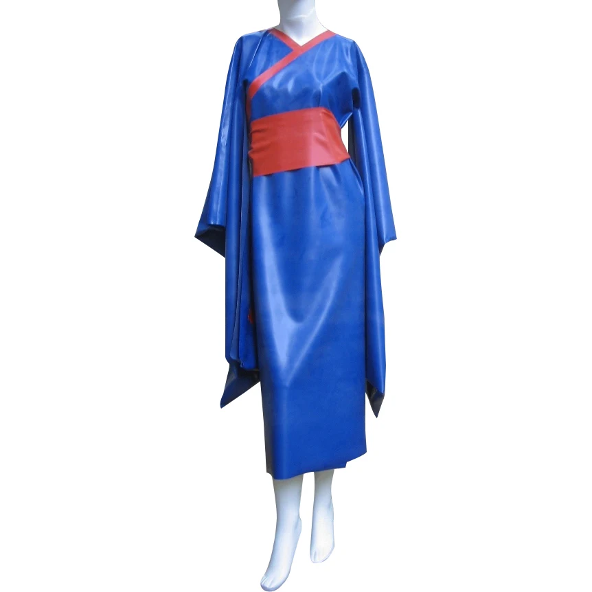 Blue And Red Sexy Latex Chinese Clothes Hanfu Belt Lacing At Back Rubber Kimono Coat Robe Nighgown Top YF-0451