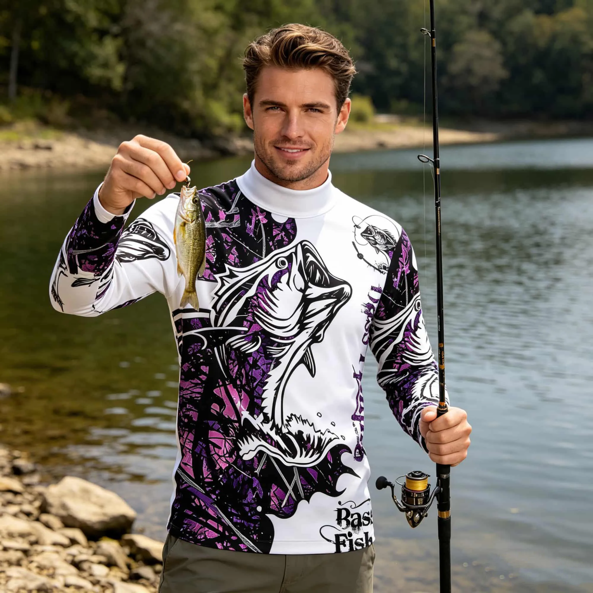 Breathable Men Outdoor Fishing Shirt Mock Neck Long‑Sleeve Tee Retro Camo Fish Print Skin‑Friendly Sport Top For Travel Recreat