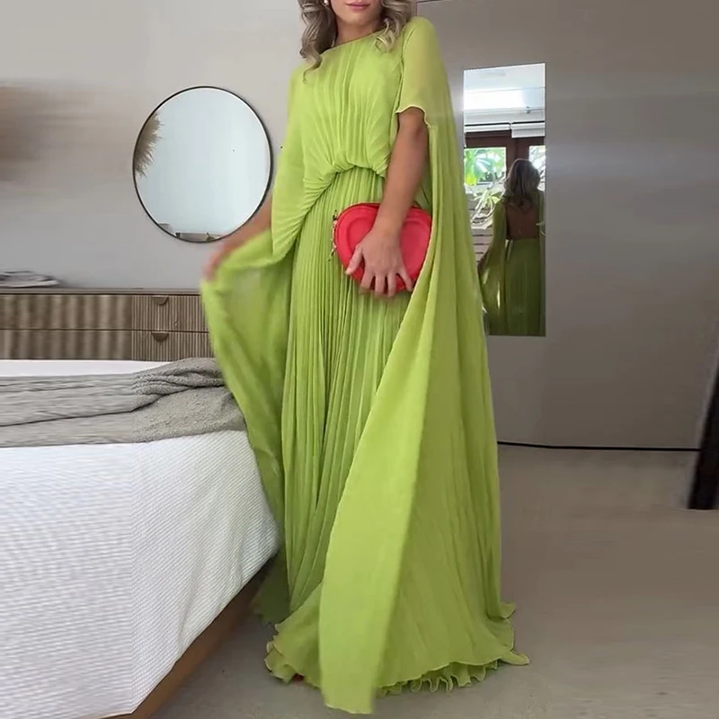 Spring Batwing Sleeve Hem Pleated Dresses Woman Sexy High Waist Solid Boho Long Dress Summer O Neck Backless Lace-up Party Dress