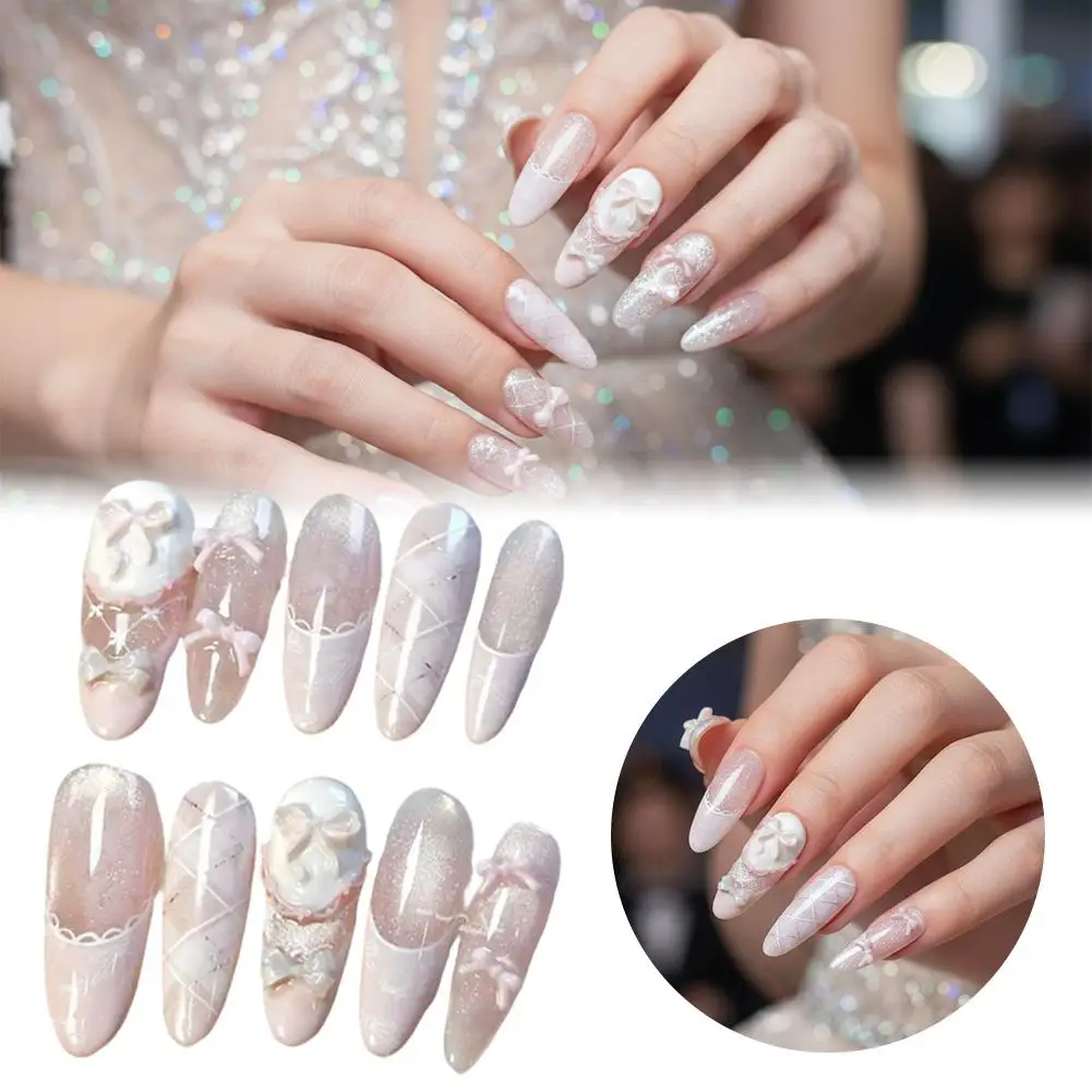 Sanfte, süße, hübsche, handgemachte, lange Sargform Ellipse French Full Cover Nagelblumen-Schleifen-Stern-Katzenaugen-Diamant-Perlen-Press-On-Nägel