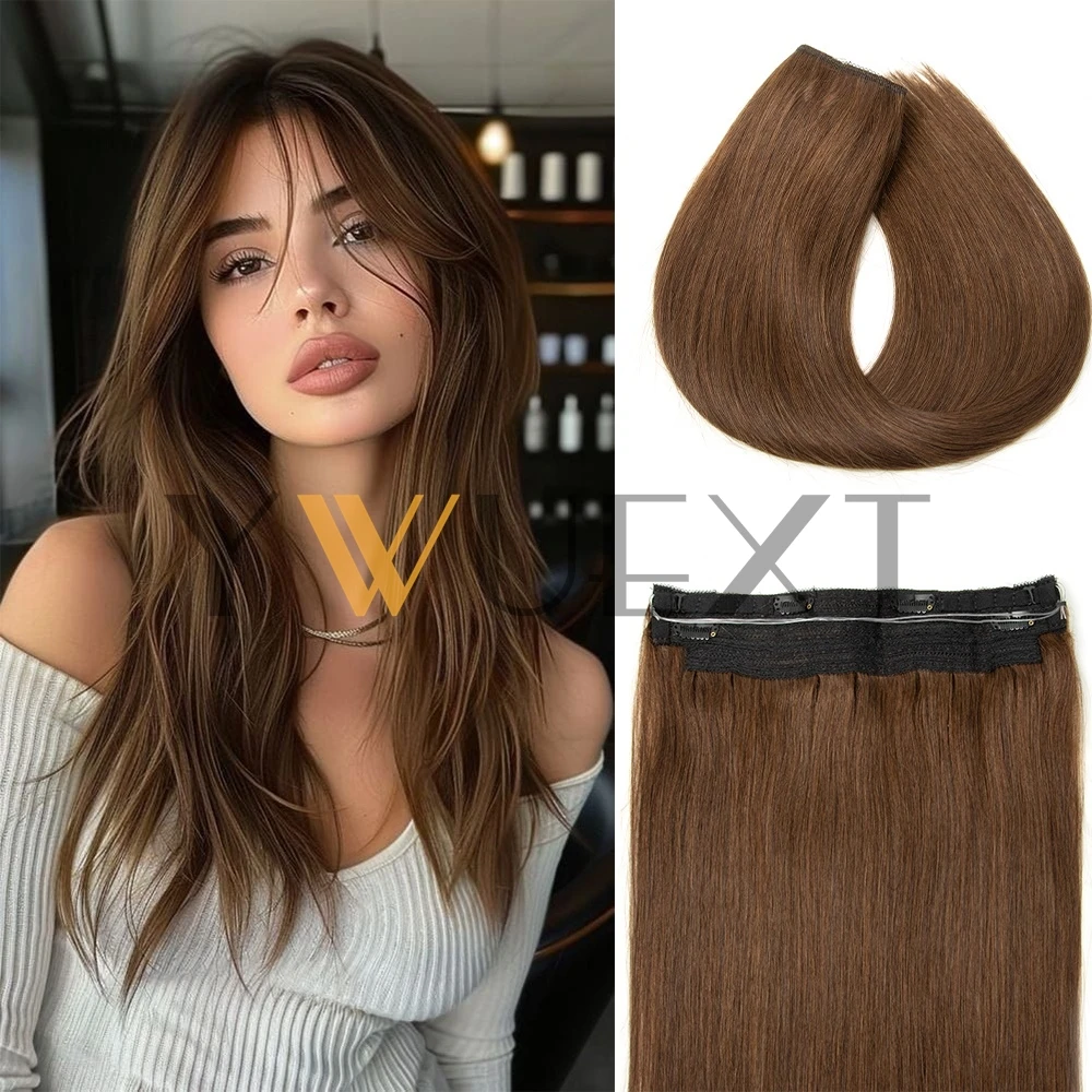 Brown Clip In One Piece Human Hair Extensions with Adjustable Fish Wire 12-24 Inches Halo Hair Extensions Flip Ins 60-100g