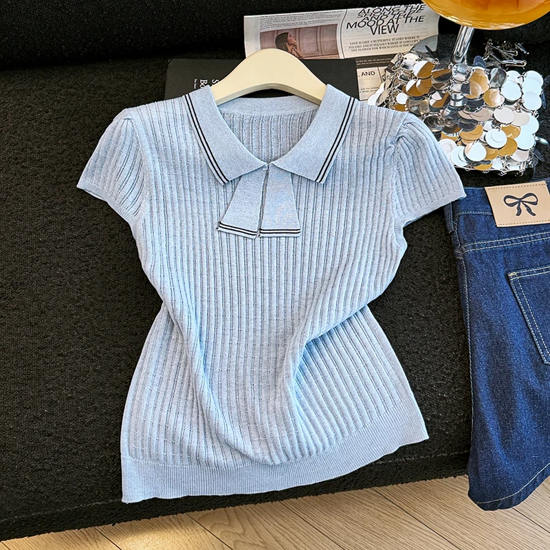 

Blue Striped Knitted Short Sleeve Top for Women Summer New Style Casual Loose Fit plus Size Slimming Effect Pear Shaped Body