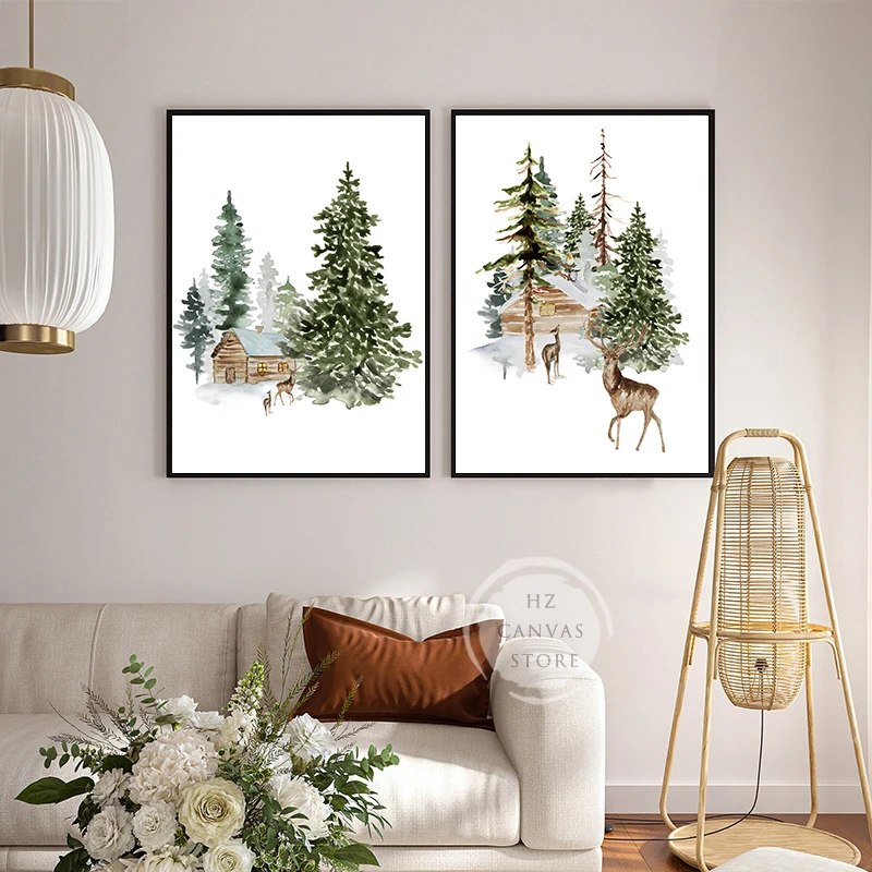 Winter Forest Deer Watercolor Poster and Print Canvas Painting Christmas Reindeer Wall Art Picture for Room Home Holiday Decor
