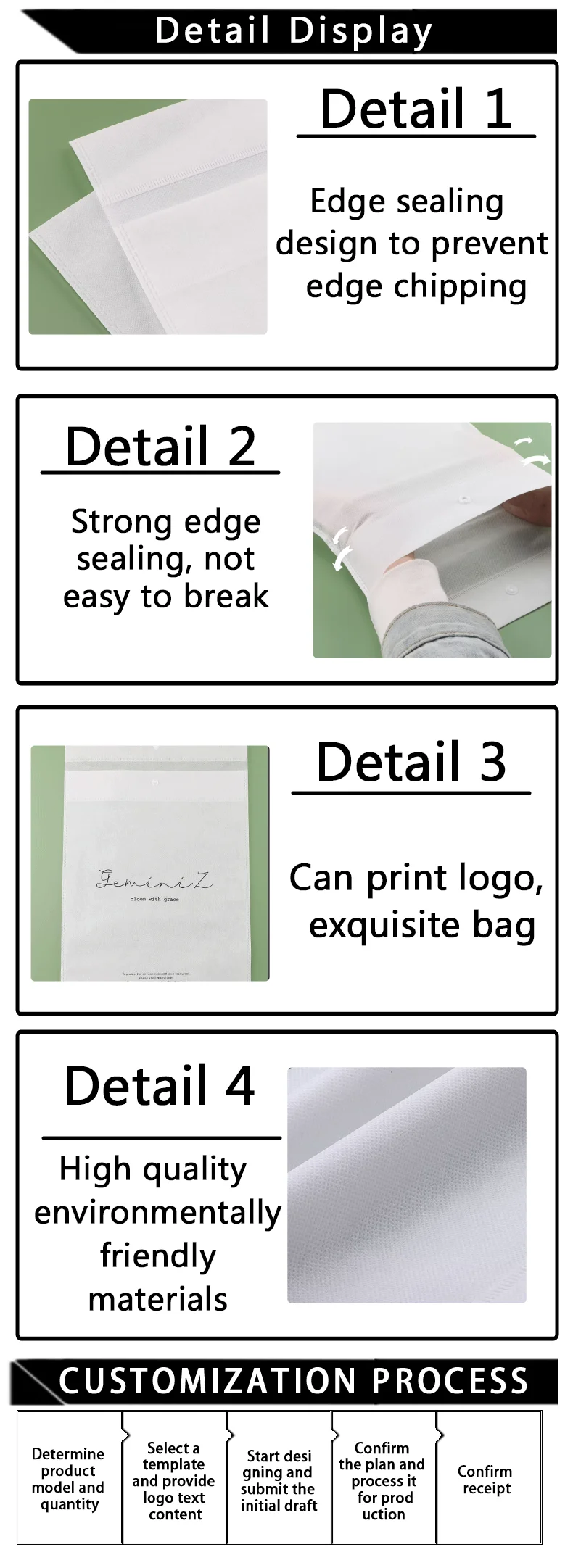 50 Stück Vliesstoff-Kleidungs-Druckknopf-Verpackungsbeutel Transparente Umweltfreundliche Beutel für Kleidung Unterstützt Individuelles Logo – Detail 3