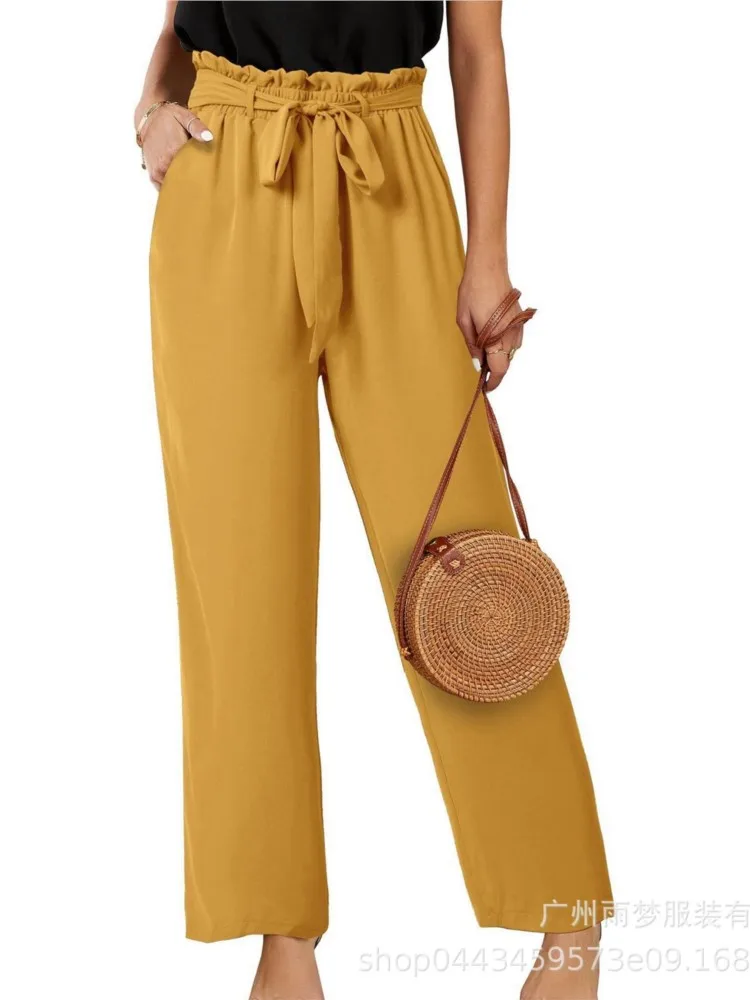 High-waisted Solid Color Straight Pants For Women Casual Lace-up Trousers Commuter Vacation Beach Streetwear Pants Spring Summer