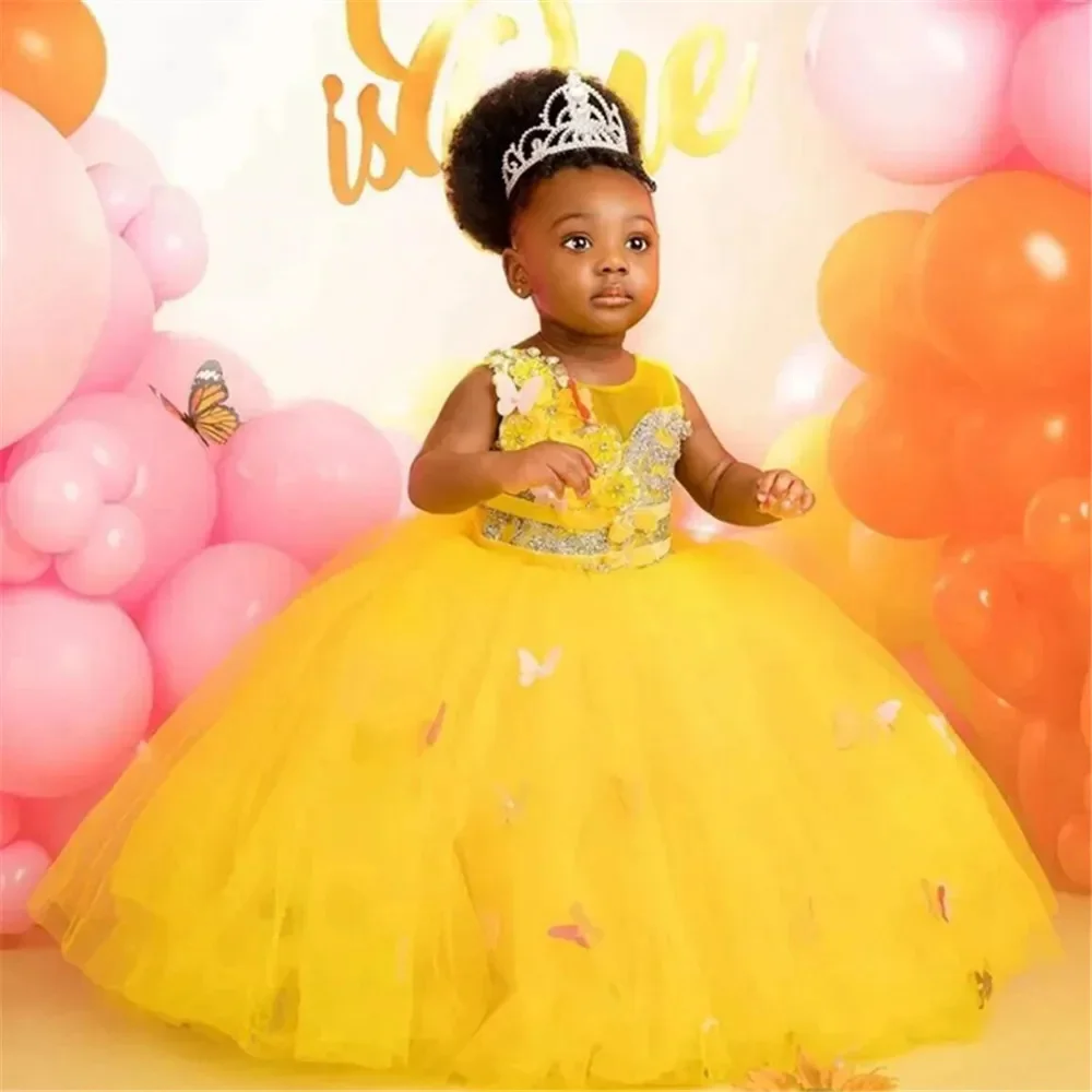 Robe de demoiselle d'honneur pour mariage, sans manches, en Tulle appliqué, à plusieurs niveaux, pour fête d'anniversaire pour enfants, robe de bal de première Communion personnalisée