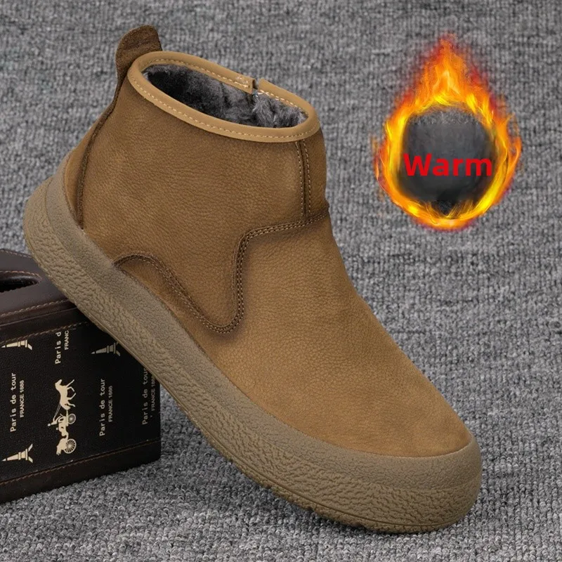 

Retro Men's Leather oes Winter Warm High Top Casual Boots Fce Lined Glossy Cowhide Vintage Sle Zipper Closure