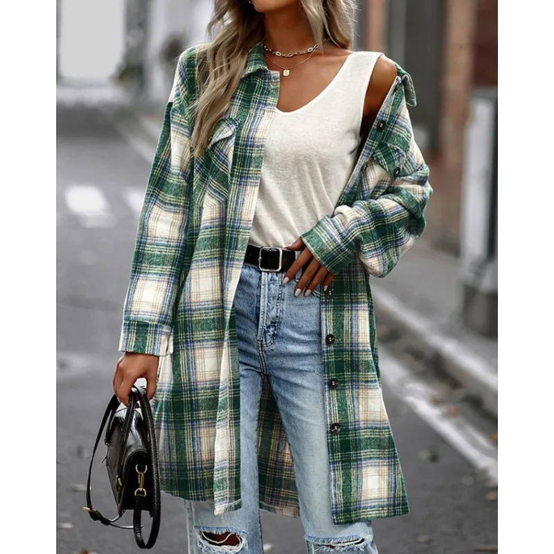 New Women's Fashionable Autumn/Winter Long Sleeved Long Shirt Blouse Ladies Casual Lapel Plaid Long Shirt Tops