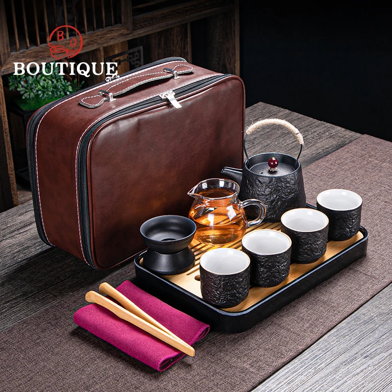 

Retro Black Travel Tea Set Chinese Handmade Teaset Convenient Kung Fu Teaware Pottery Lifting Beam Pot Ceramic Tea Cup Gift Goo