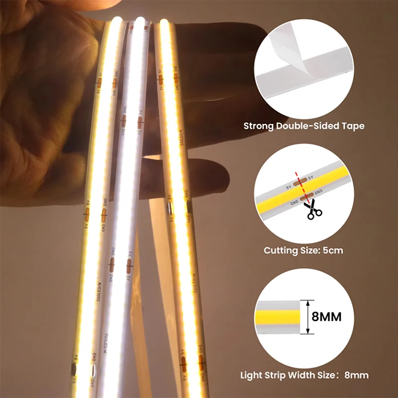 5V COB LED Strip Light 320LEDs/m Dimmable With Hand Sweep Switch USB Flexible LED Light Strip 3000K-6000K CE RoHS Listed