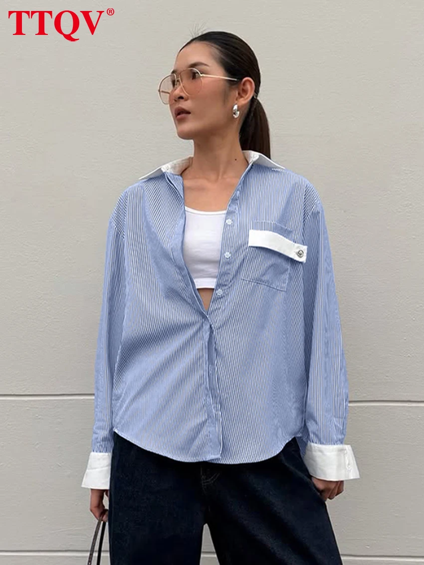 

Женская блузка TTQV Fashion свободного кроя в синюю полоску, весна 2026, с отложным воротником, длинным рукавом, элегантная классическая рубашка в стиле пэчворк, женская одежда