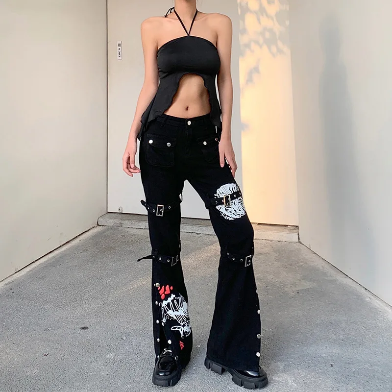 

Diablo Street Style Fashion Metal Buckle Gothic Emo Printed High Waisted Jeans Pocket Belt Decoration Side Opening Button