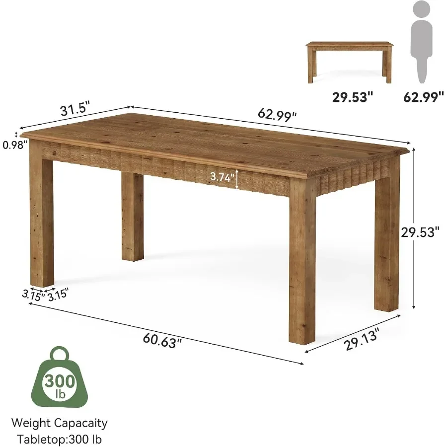 63-Inch Computer Desk, Solid Wood Home Office Desk with Sturdy Wooden Legs, Rustic Large Computer Office Table for Writing, Rea