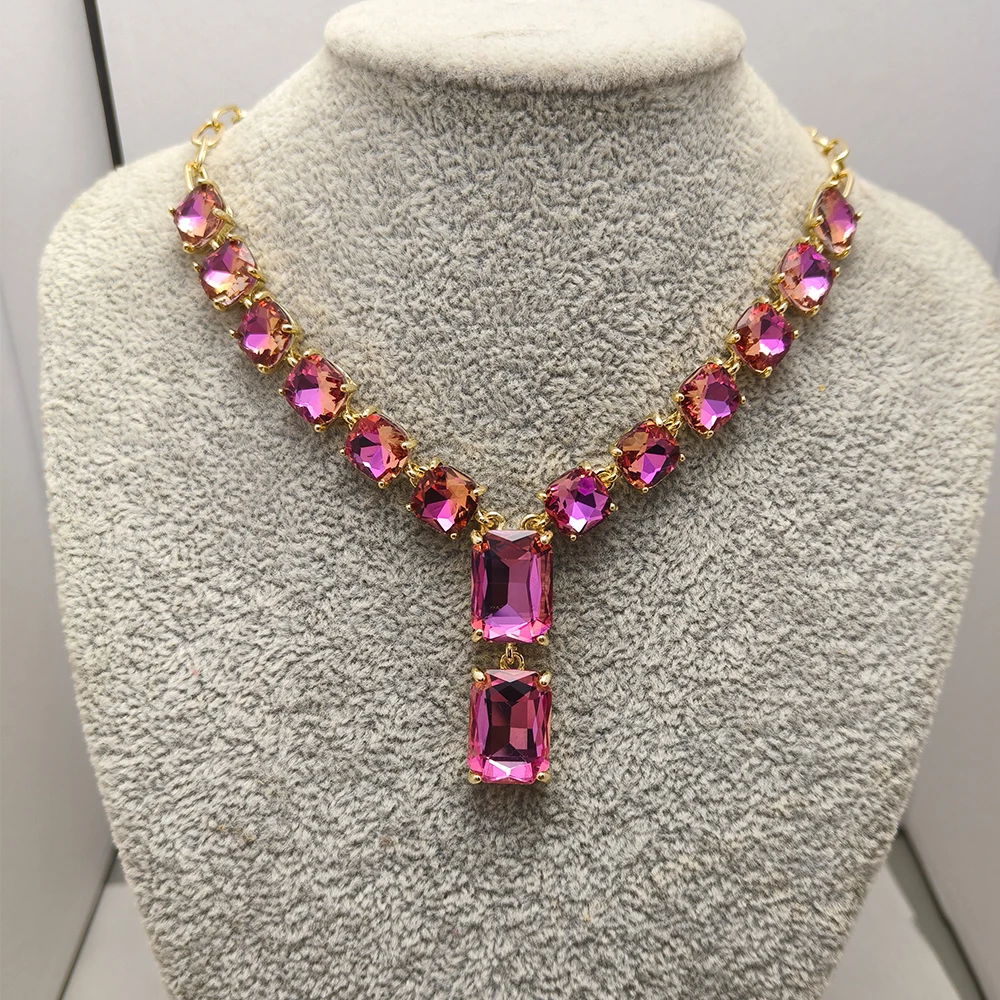 

Jewelry 2025 Gold Color Paperclip Chain AB Pink Blue Red Glass Gems Stone Crystal Rhinestone Choker Necklace for Women