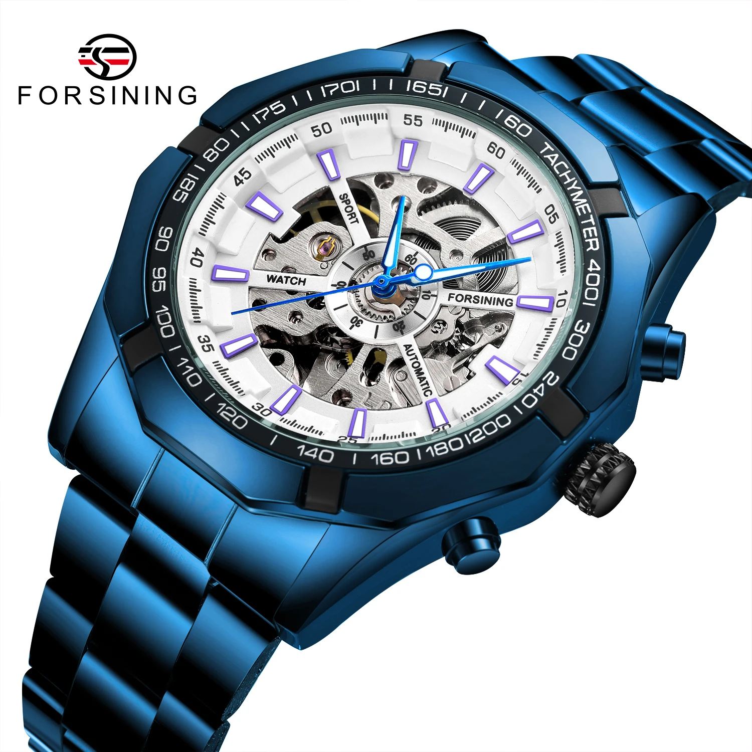 Forsining New Stainless Steel Waterproof Men Transparent Skeleton Blue Watches Luxury Tourbillion Mechanical Sport reloj hombre