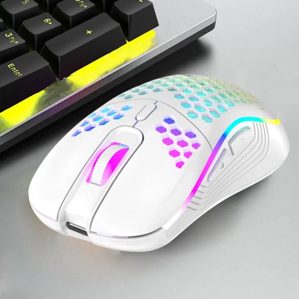 Mouse com iluminação RGB e DPI ajustável, design ergonómico, estrutura em forma de favo de mel, mouse para jogos, recarregável, com cores variadas, mo