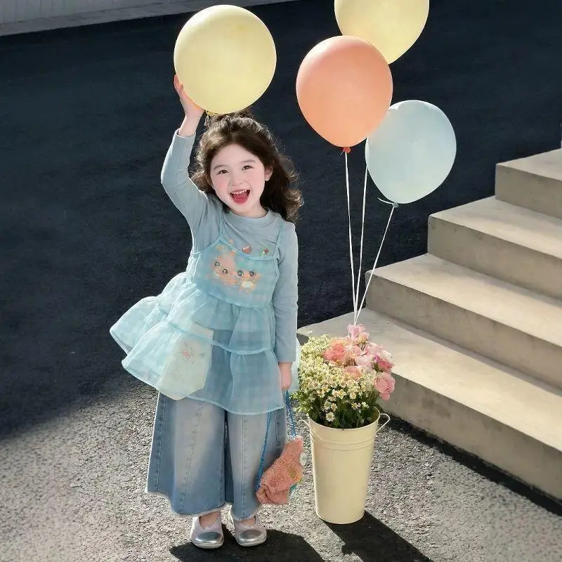 Children's Clothing New Style Three Piece Set Mesh Tank Top Denim Wide Leg Pants for Girls Toddler Spring 2026 Stylish Outfit