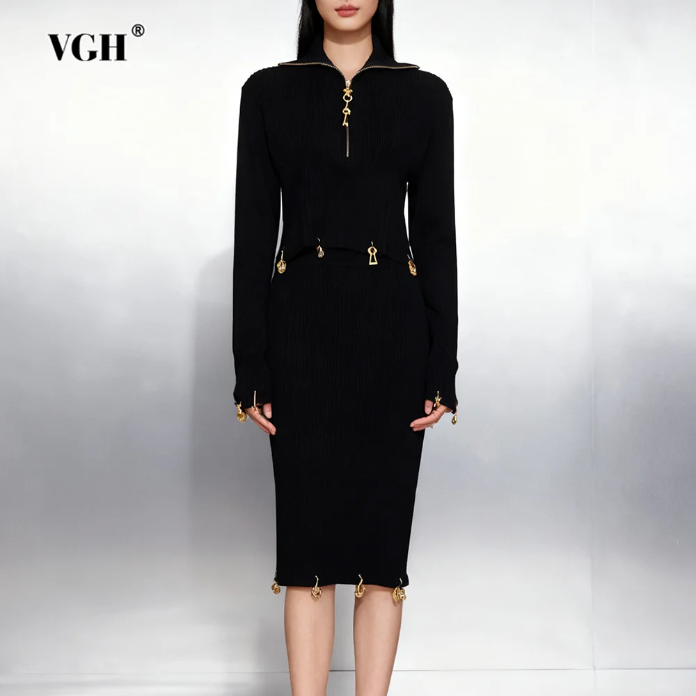 

VGH Slimming Spliced Metal Solid Two Piece Sets For Women Lapel Long Sleeve Top High Waist Skirt Design Sense Set Female Style