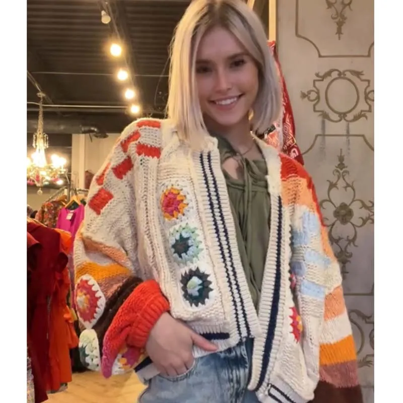 2026 Multicolor Handmade Crochet Cardigan Sweater For Women Lantern Sleeve Loose Boho Coat Autumn Winter Outerwear A4XZ