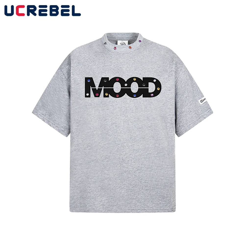 

Towel Embroidery Short Sleeve T-shirt Mens Rhinestone Mens Summer High Street Half-Sleeve Loose Crew Neck Cotton Tee Men