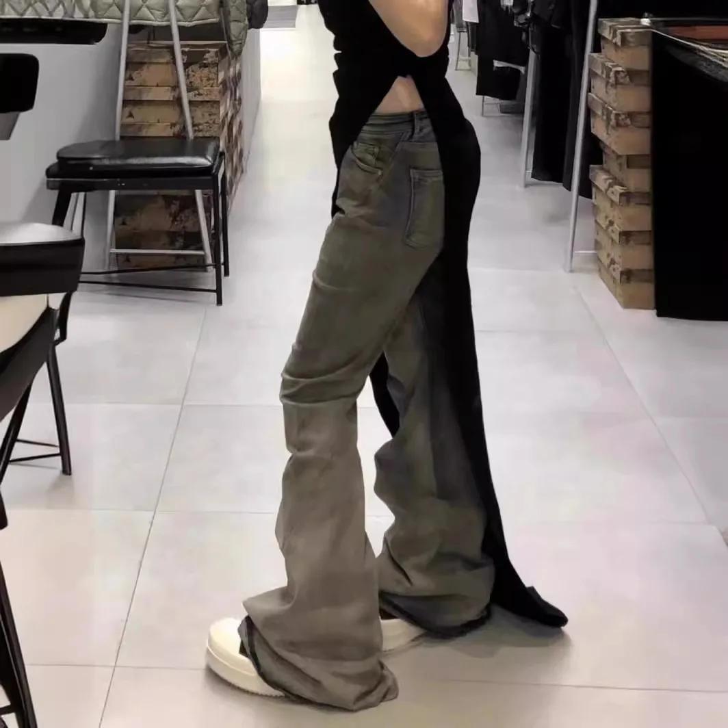 Rick Ro distressed earth-toned water-washed stretch wide-leg slim-fitting pile-floor wrinkled earth-toned jeans