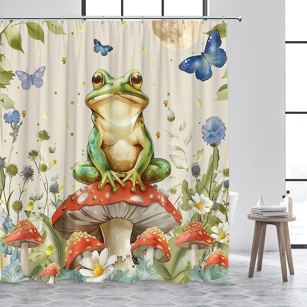 Forest Frog Shower Curtains Funny Animals Jungle Floral Green Plants Rustic Scenery Bath Curtain Polyester Fabric Bathroom Decor