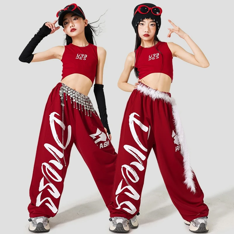 

Children Street Dance Outfit Red Dance Suit For Hip Hop Performance Girl Kpop Stage Wear Jazz Dance Vest Shuffle Pants AMY1839