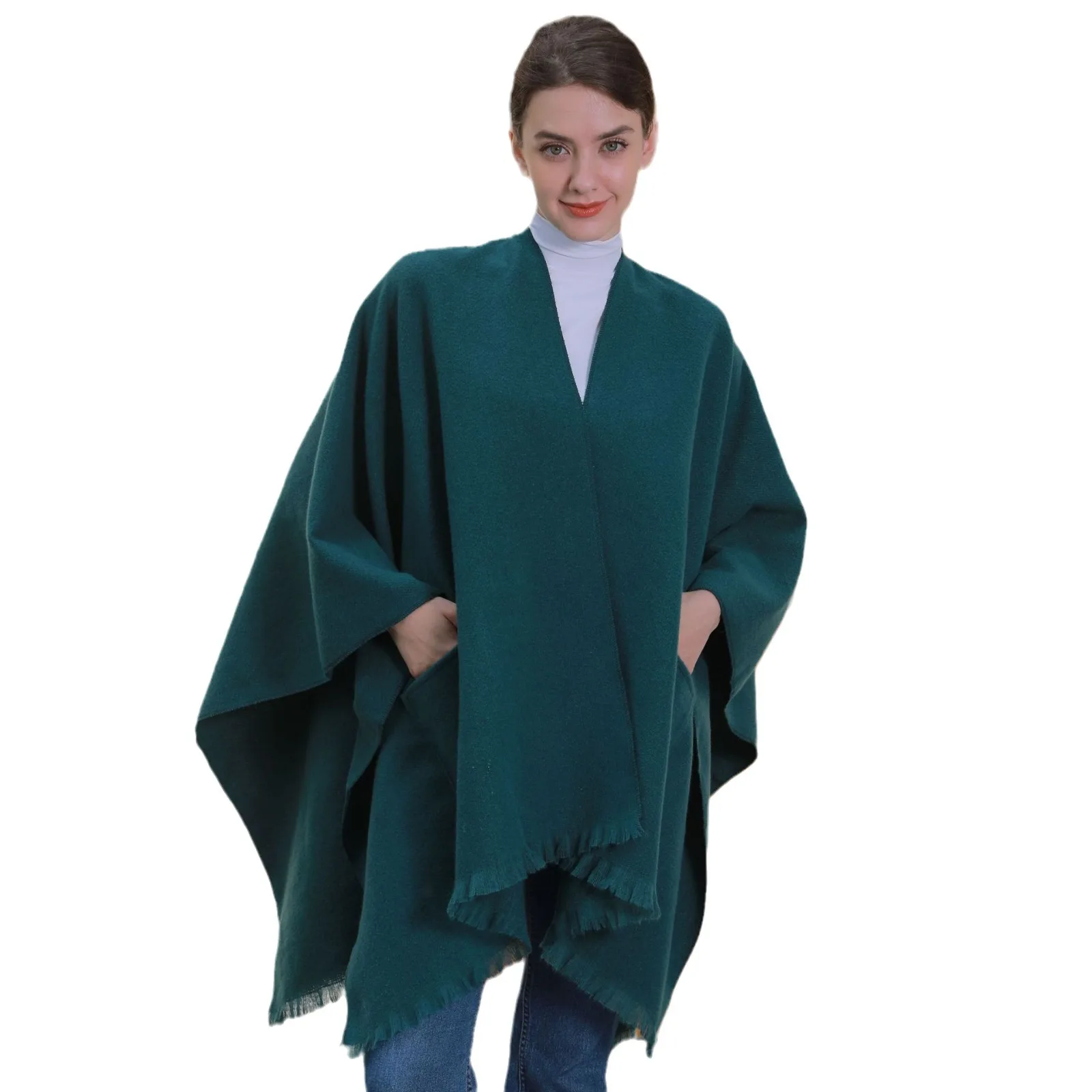 Solid Women Autumn Warm Faux Cashmere Outerwear Wrap With Pocket Female Long Poncho Split Shawl Cape Loose Cloak Knitted Blanket