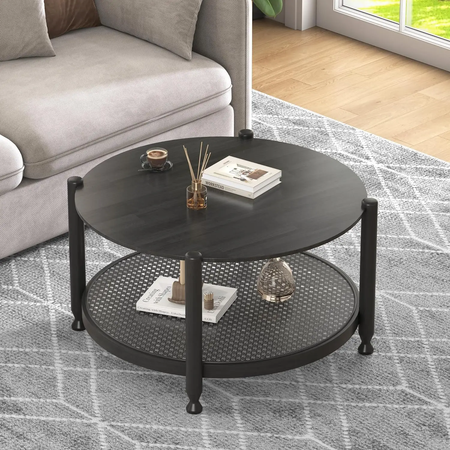 

Solid Wood Round Coffee Table 2-Tier Woven Rattan Storage Shelf Living Room Center Table Black Customized