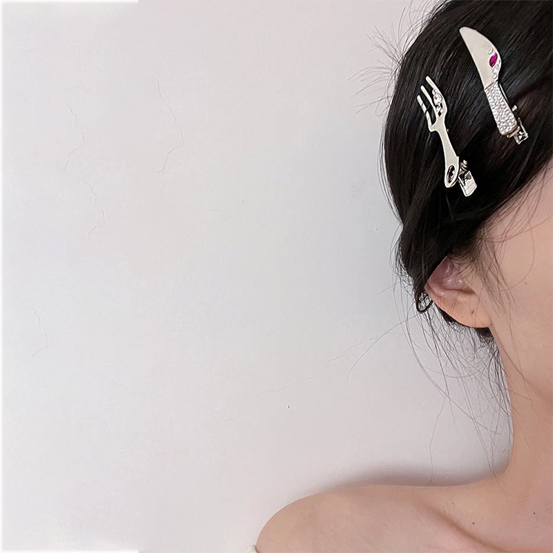 1pc Metal rhinestone hair clip with diamond knife fork hairpin, bangs, side clip, broken hair, duckbill clip, headband accessory