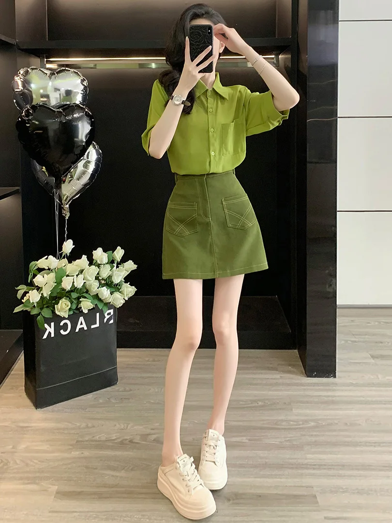 

Summer Green Shirt And Denim Short Skirt Women's Fashionable Casual Two-Piece Set Cotton Short Sleeve Turn-Down Collar Blouse