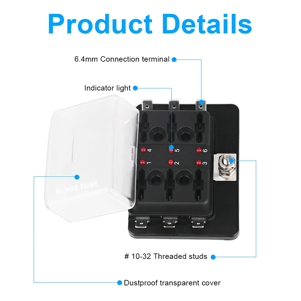 Caja de fusibles de 6 vías para coche y barco, bloque de portafusibles de cuchilla con indicador de advertencia, tablero de Panel de distribución de energía de 12V y 32V