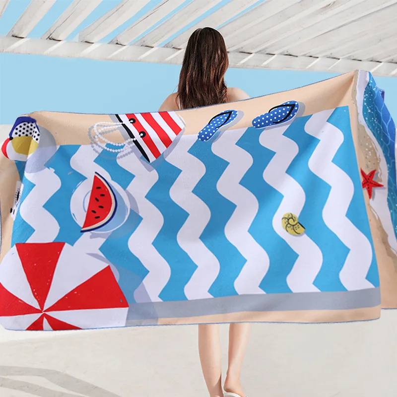 Cute Summer Beach Print Beach Towe Geometric Line Pattern with Watermelon Flip Flops Umbrella Quick Dry Soft Towel for Summer