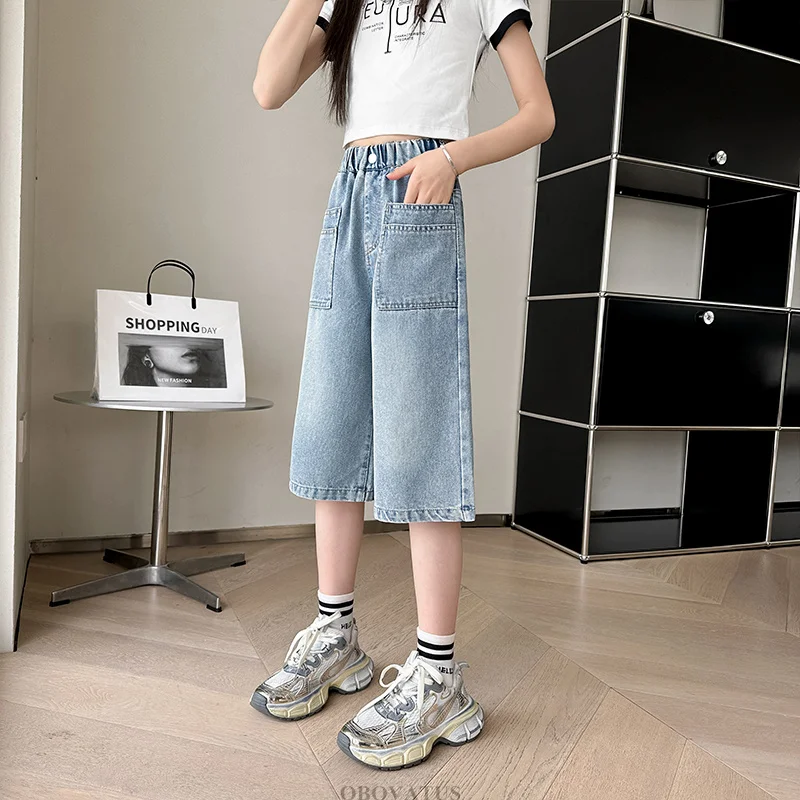 Summer Kids Fashion Denim Shorts With Pocket For Girl Knee Length Capris Jeans Teens Children Straight Fit  Mid-Calf Denim Pants