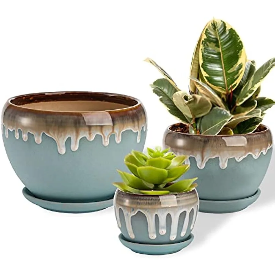 

Lyellfe Set of 3 Ceramic Plant Pot Planter Pots with Drain Hole and Connected Saucer 7 5 4 Inch Decorative Flower Pots for Indo