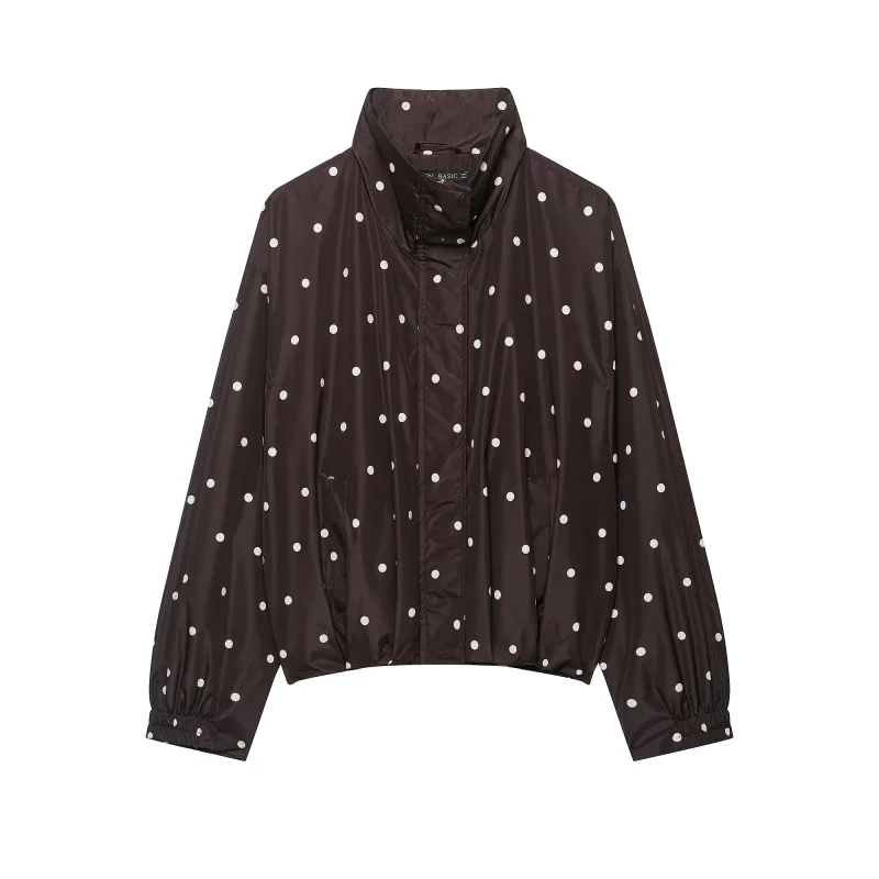 Herbst Damen Retro Polka Dot Jacke mit Stehkragen, Langen Ärmeln, Elastischem Saum, Leichter Windbreaker, Lockerer Passform, Brauner Reißverschluss, Lässiger Mantel – Detail 6